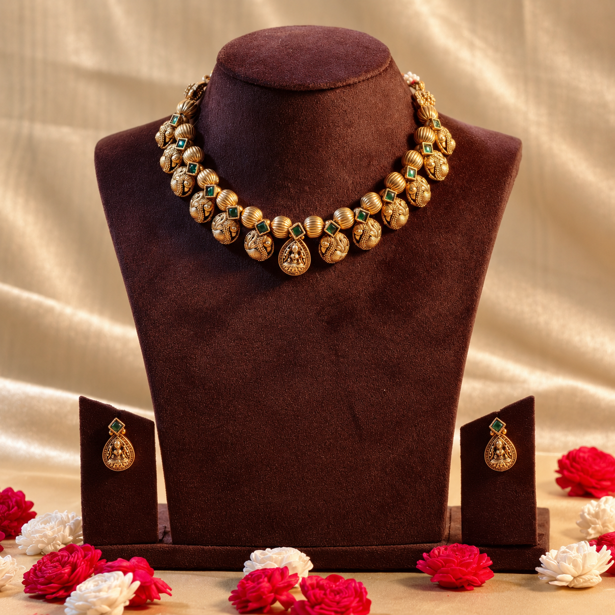 GALN1 ANTIQUE LAKSHMI NECKLACE GREEN - Image 1