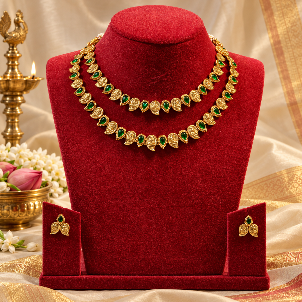 GLDLN 1 LAKSHMI DOUDBLE LAYER NECKLACES GREEN - Image 1
